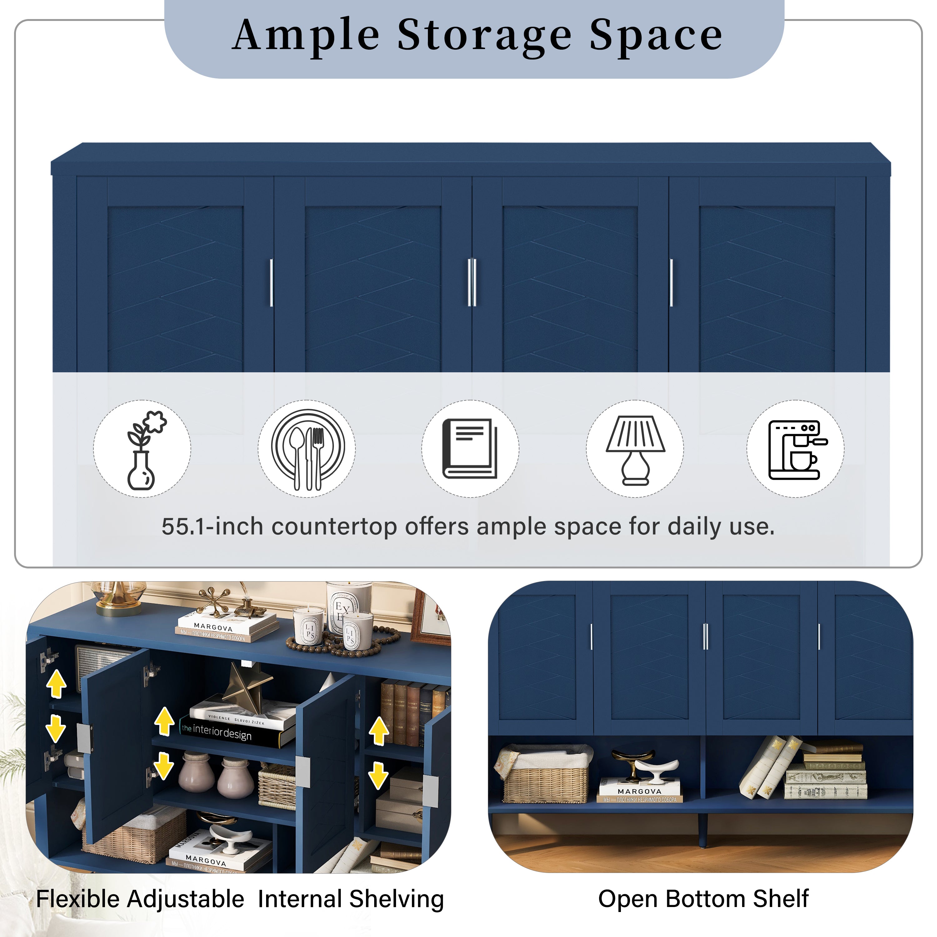 U_STYLE 55.1''Storage Sideboard with 4-Doors,Multi Functional Buffet with Open Shelf and 2-Tiers Adjustable Shelves,Modern Cabinet with Double Hooks,Suitable for Living Room, Hallway, Dining,Office.