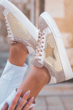 Dearlove Gold Glitter Star Patchwork PU Leather Lace-up Sneakers- Women