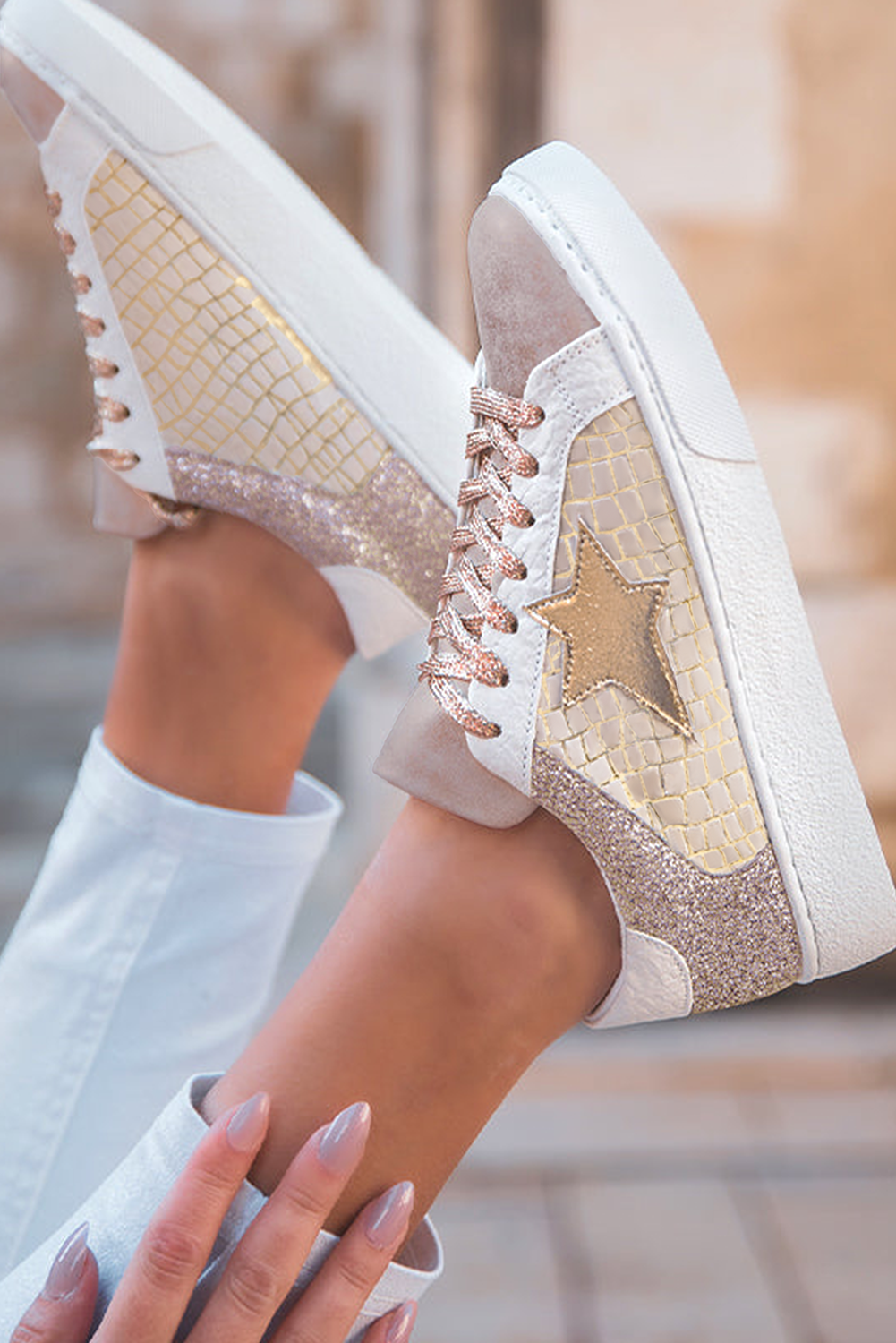 Dearlove Gold Glitter Star Patchwork PU Leather Lace-up Sneakers- Women