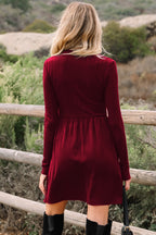 Red Dahlia Frilled Neck Ribbed Knit Patchwork Long Sleeve Mini Dress- Women
