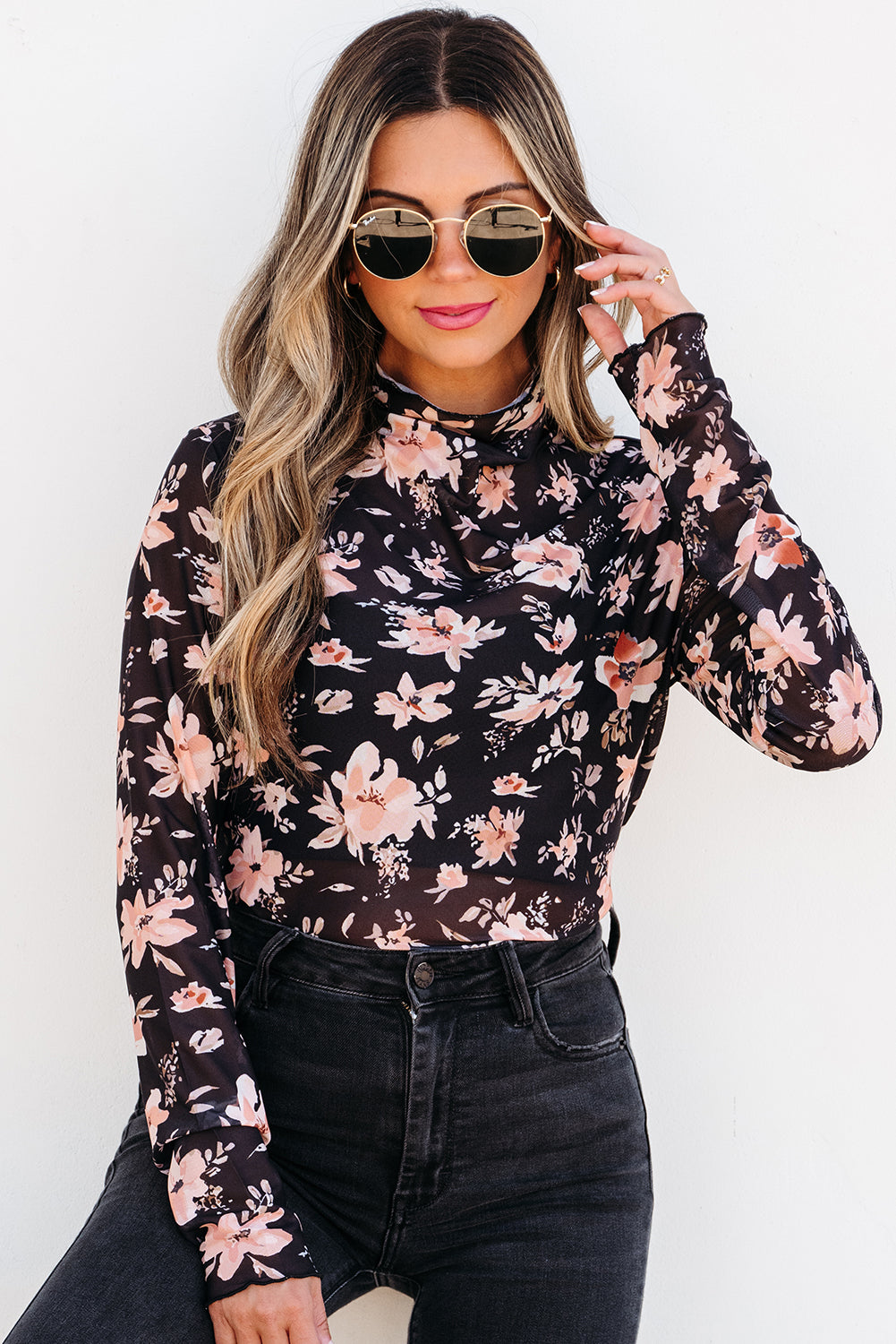 Black Floral Mesh Mock Neck Long Sleeve Slim Fit Top- Women