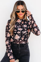 Black Floral Mesh Mock Neck Long Sleeve Slim Fit Top- Women