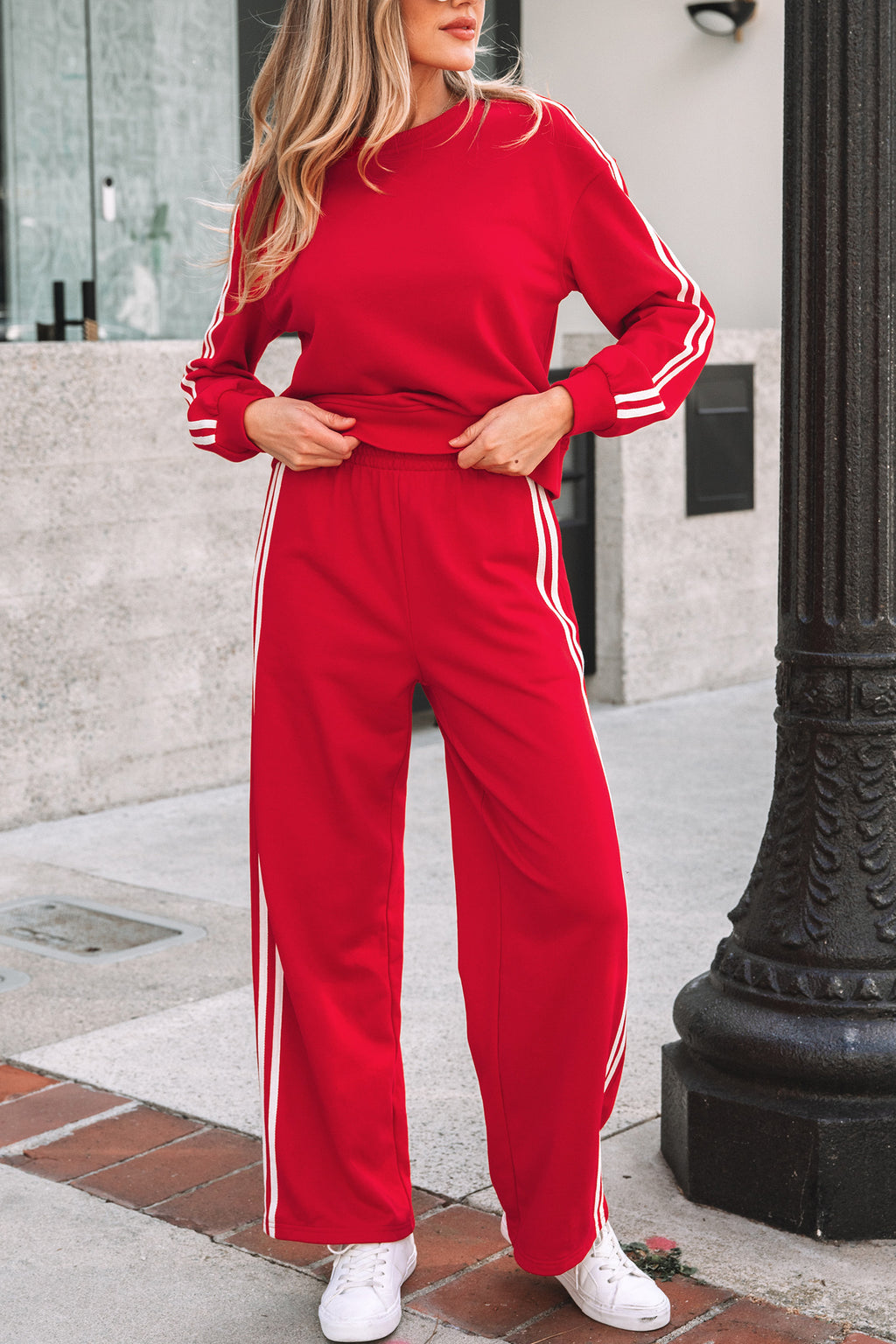 Fiery Red Varsity Striped Detail Crewneck Pullover Elastic Sweatpants 2pcs Outfit- Women