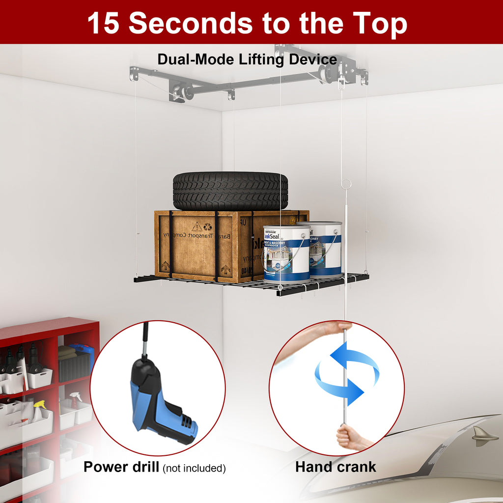 Overhead Garage Storage Rack 4x4 FT for High Ceilings 10-12 FT, 250LBS Capacity All-Steel Construction with Safety Lock (Installation Required, Heavy-Duty Garage Organizer)