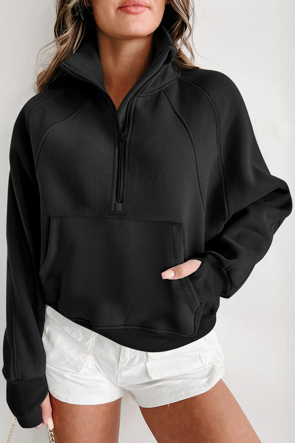 Black Fleece Lined Zip Up Stand Collar Thumbhole Sleeve Sweatshirt- Women