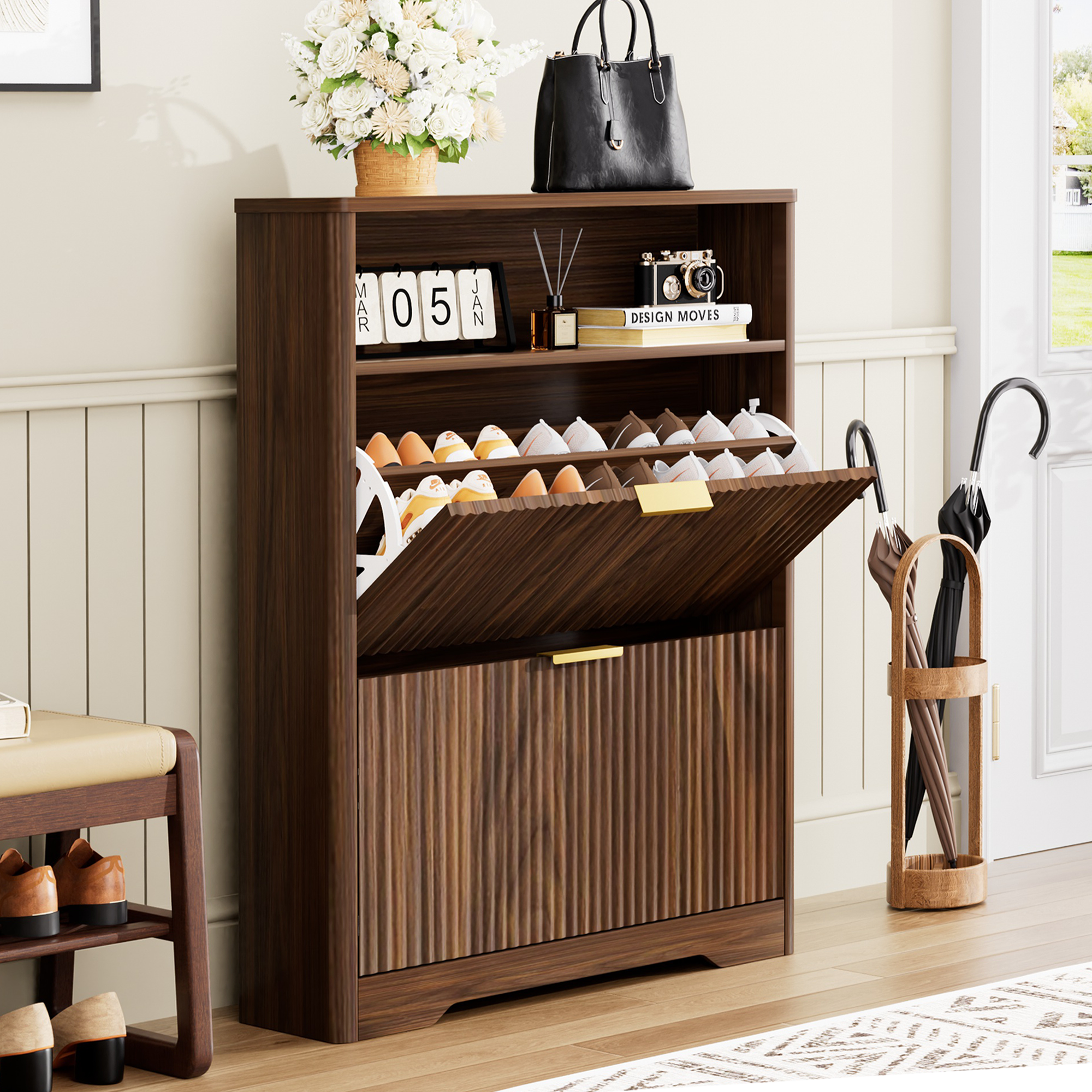 Shoe Cabinet Storage for Entryway Hidden Shoes Storage Cabinet with 2 Flip Drawers, Tall Free Standing Shoe Organizer Rack for Foyer, Hallway. Walnut,31.6'' L x 9.6'' W x 40'' H.