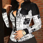 Women's Spring Fall Faux Leather Lapel Shirt, Button-Down Long Sleeve Blouse With Chest Pocket Black Newspaper