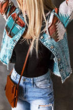 Multicolor Aztec Print Frayed Hem Denim Jacket- Women