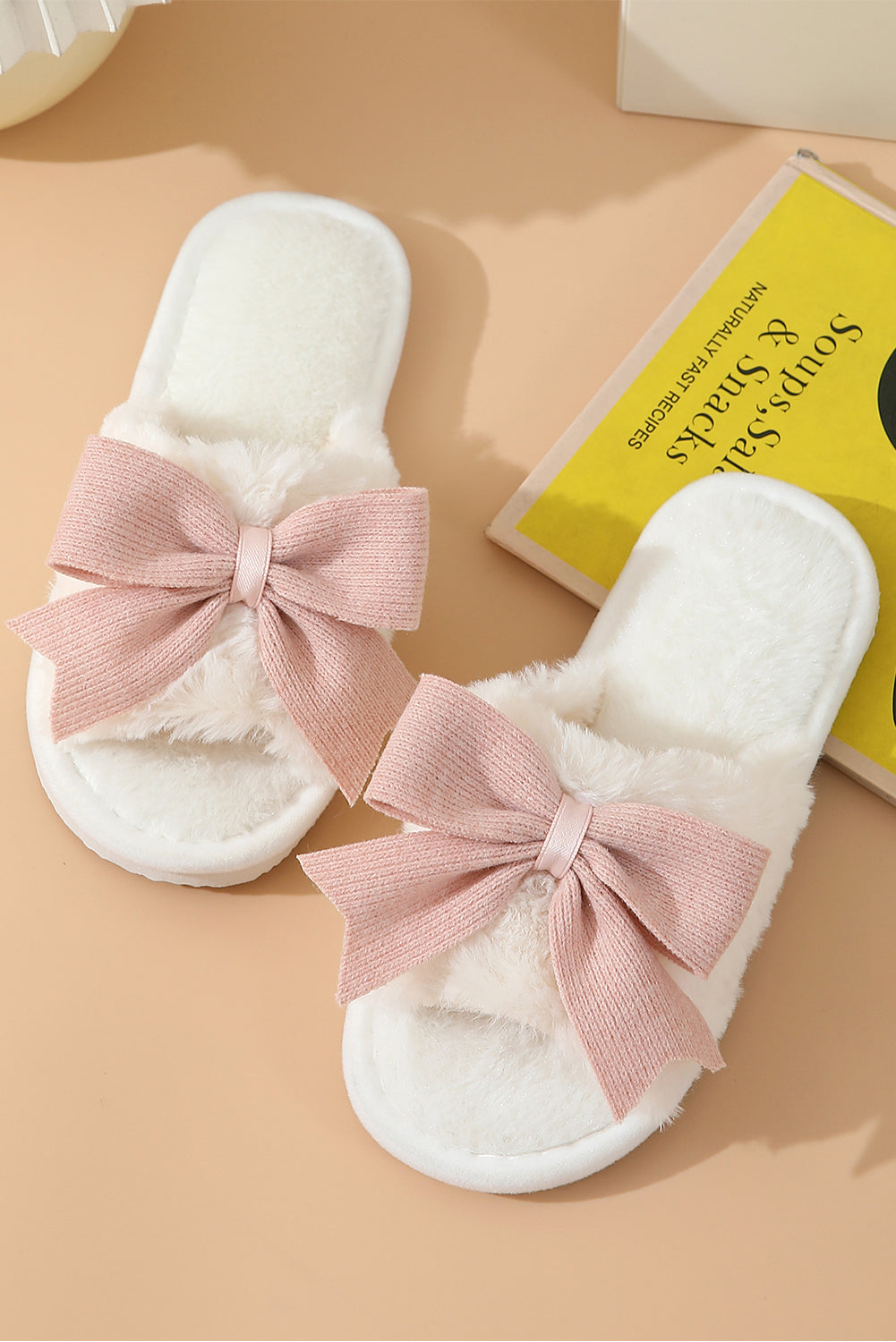 White Bow Knot Decor Open Toe Plush Slippers- Women