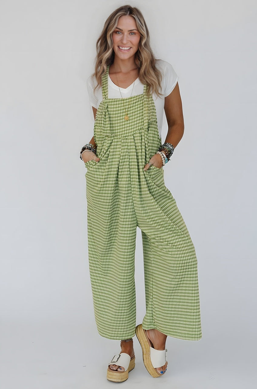 Green Gingham Wide Leg Loose Overall with Pockets- Women