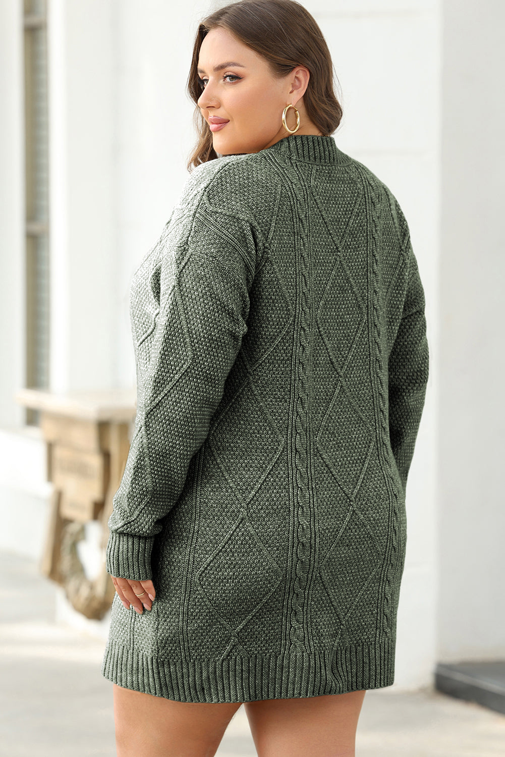 Mist Green Cable Knit Drop Shoulder Loose Fit Sweater Dress- Women