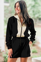Black Two-tone Long Sleeve Zipped Front Casual Romper- Women