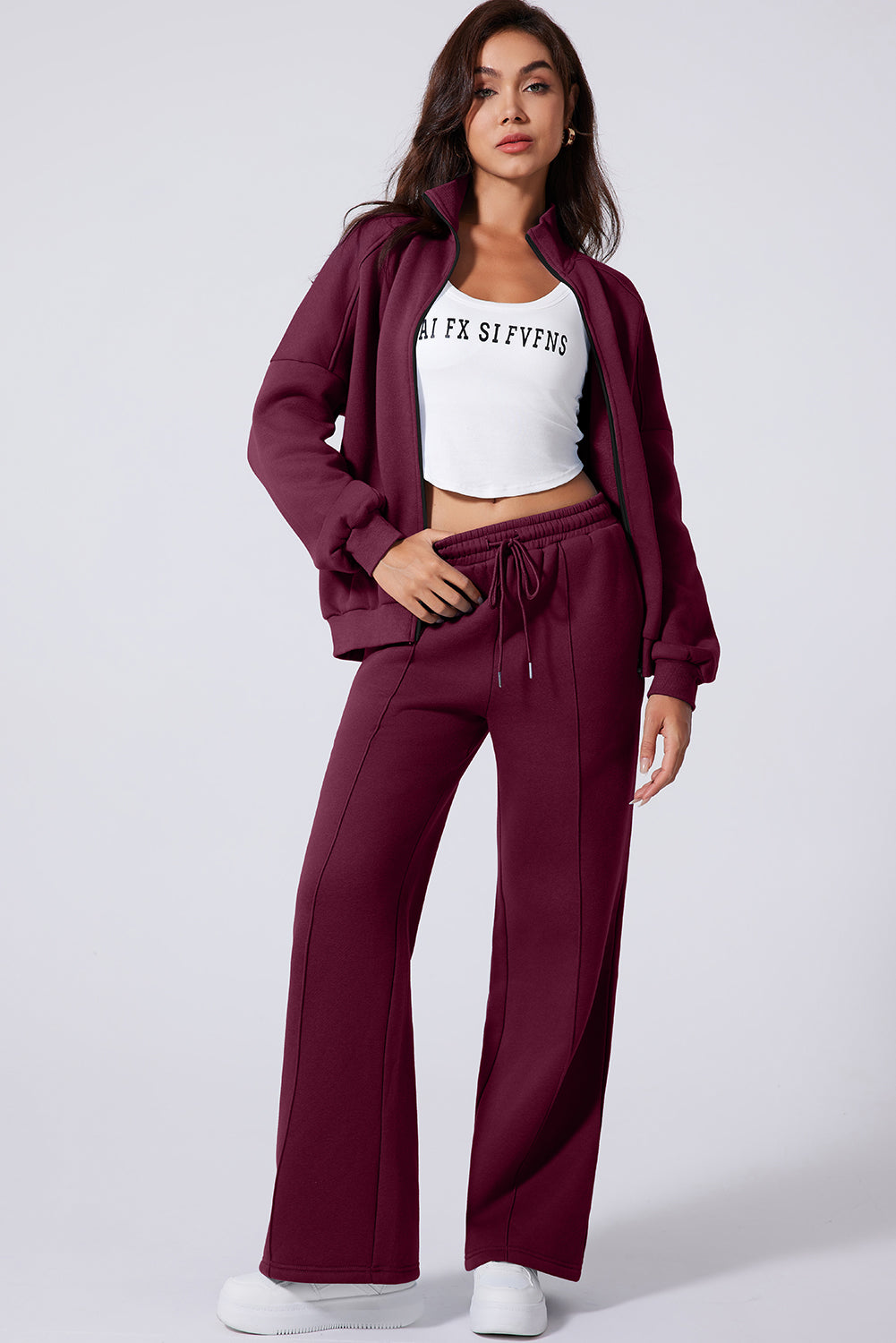 Burgundy Drop Shoulder Zip Up Jacket Drawstring Pants Active 2pcs Set- Women