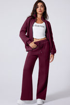 Burgundy Drop Shoulder Zip Up Jacket Drawstring Pants Active 2pcs Set- Women