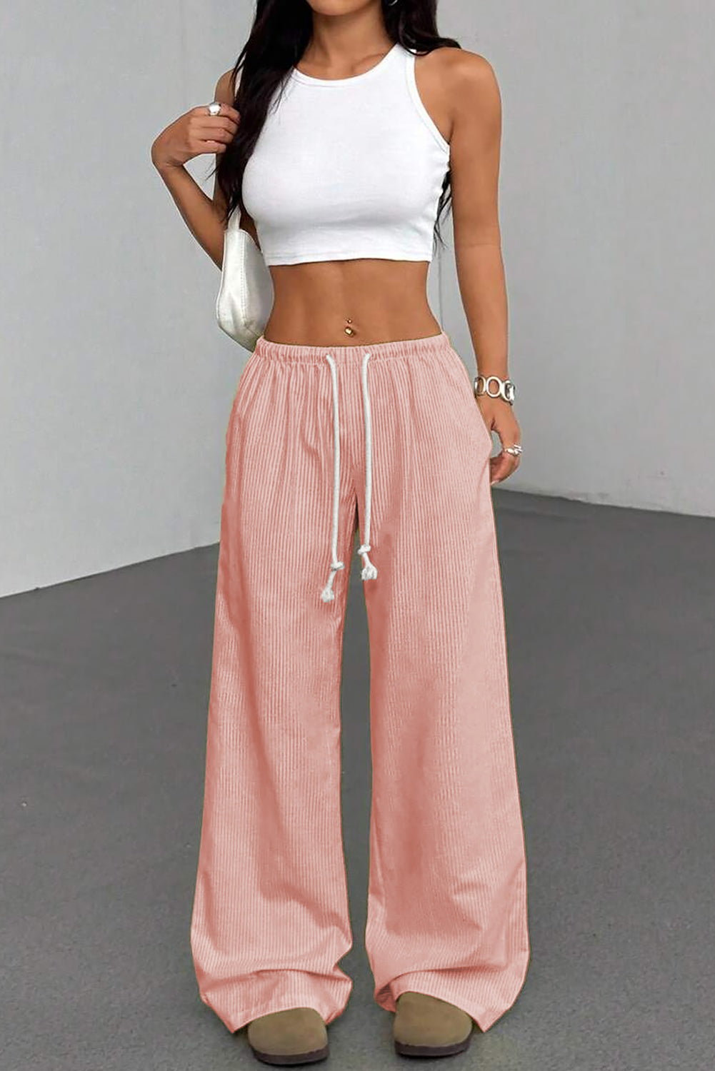 Pink Stripe Drawstring Plus Size Loose Pants- Women