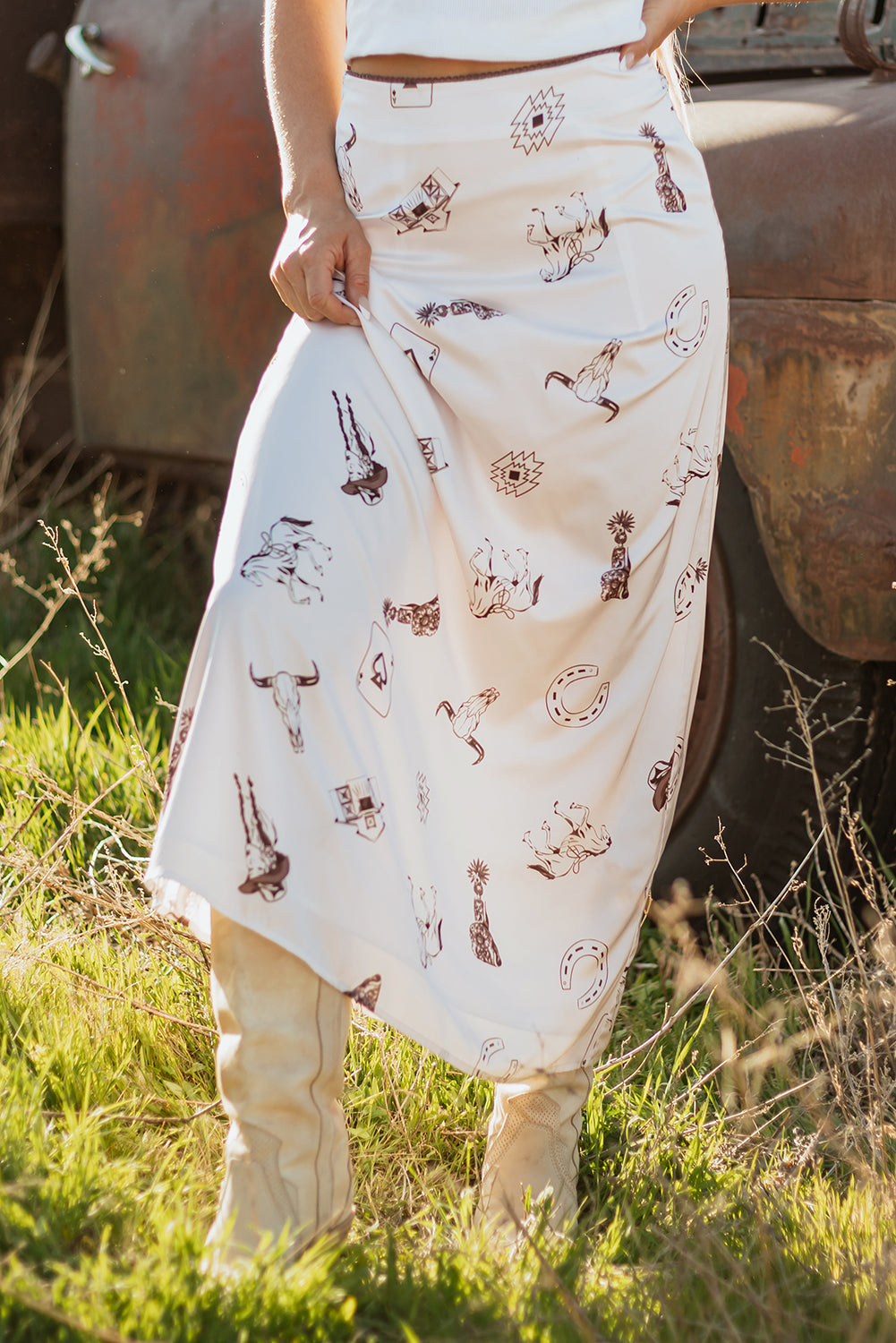 Beige Western Print Satin Long Skirt- Women Beige 97%Polyester+3%Elastane