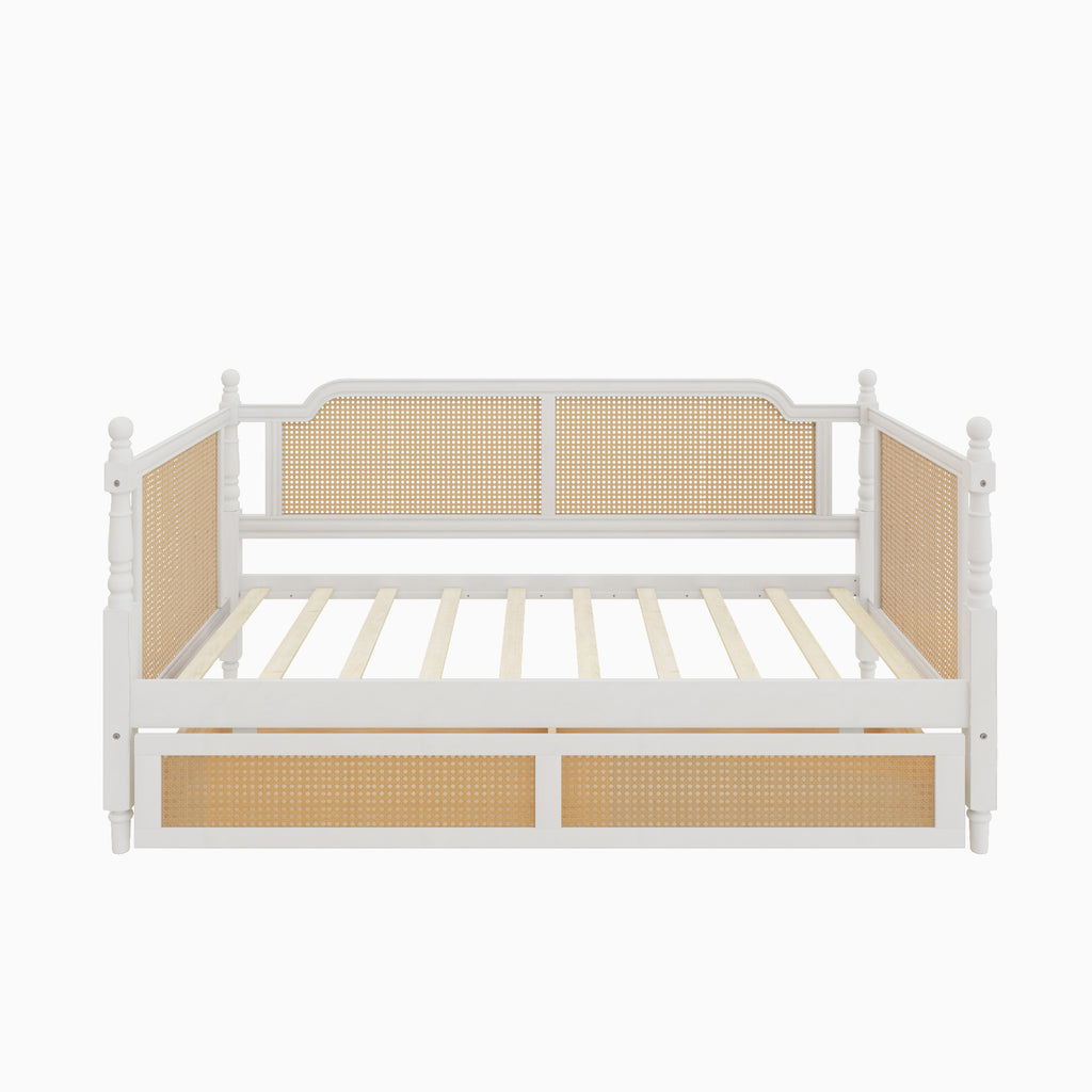 Traditional Style Rattan Twin Size Daybed with 2 Drawers, Antique White, Solid Pine Wood & MDF