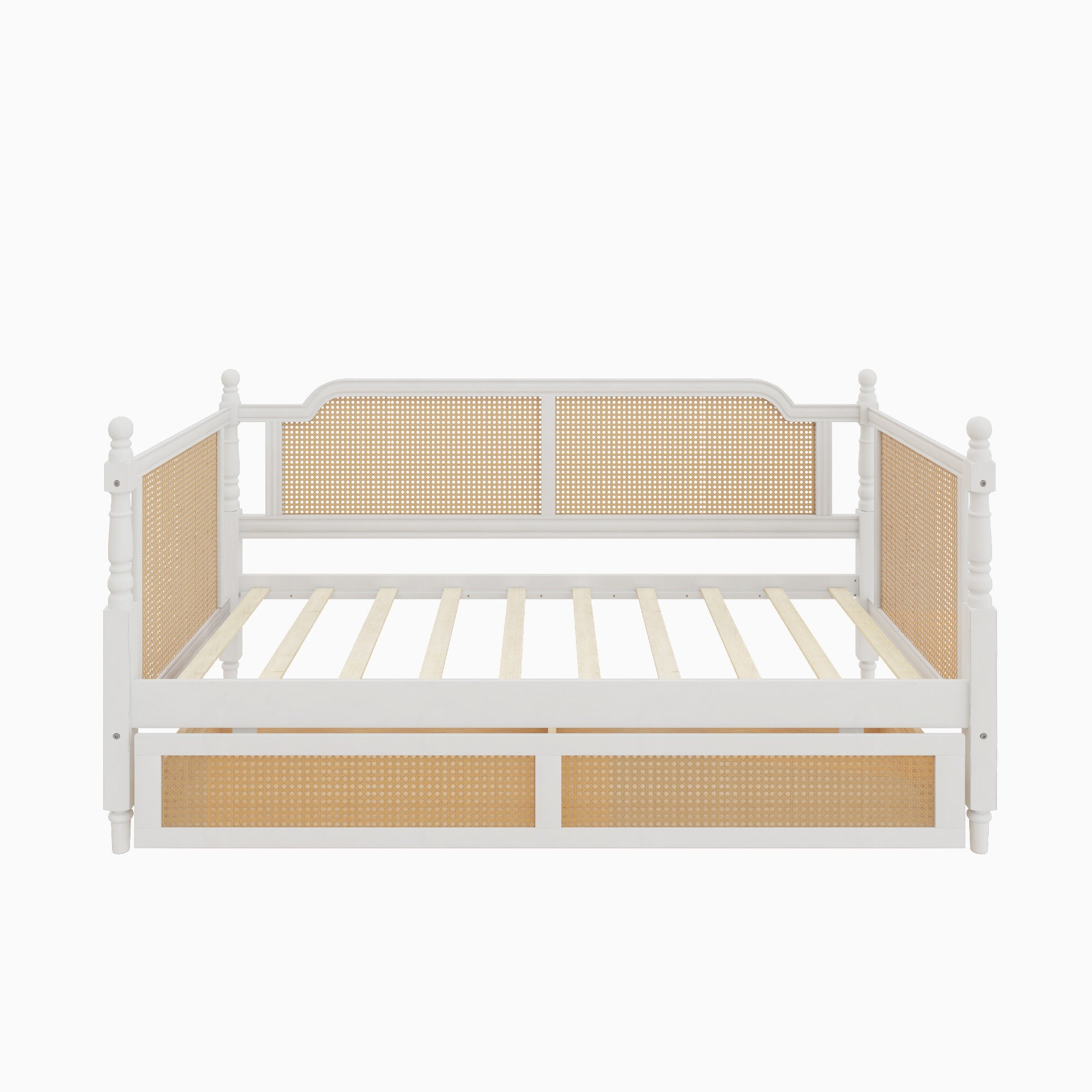 Traditional Style Rattan Twin Size Daybed with 2 Drawers, Antique White, Solid Pine Wood & MDF