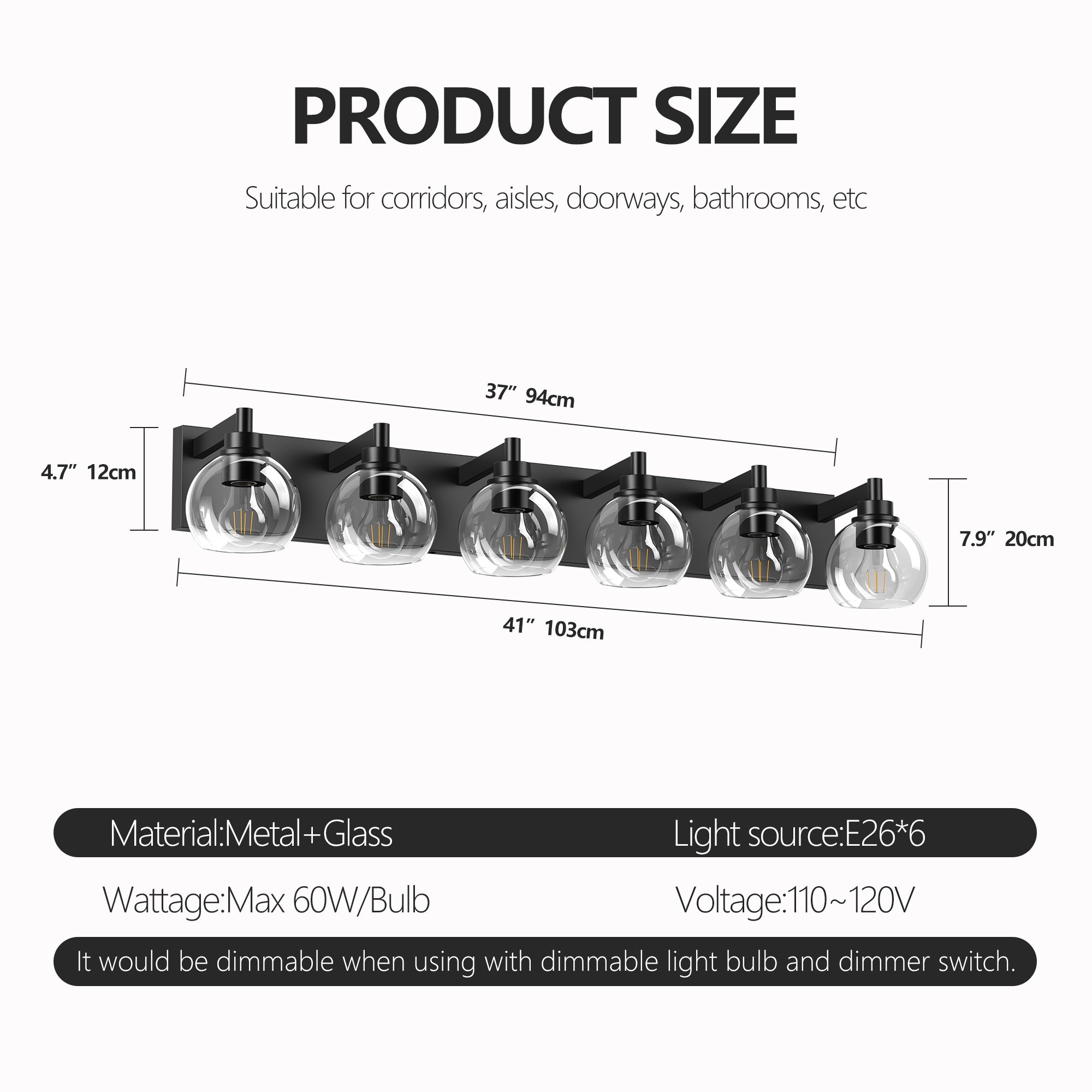 Farmhouse Bathroom Vanity Light Fixtures, 6-Light Bathroom Light Fixtures Over Mirror, Rustic Sconces Wall Lighting with Glass Shade for Living Room, Bedroom, Hallway