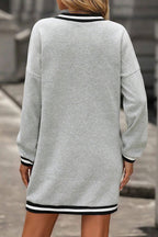 Light Grey Striped Trim V Neck Long Sleeve Preppy T Shirt Dress- Women