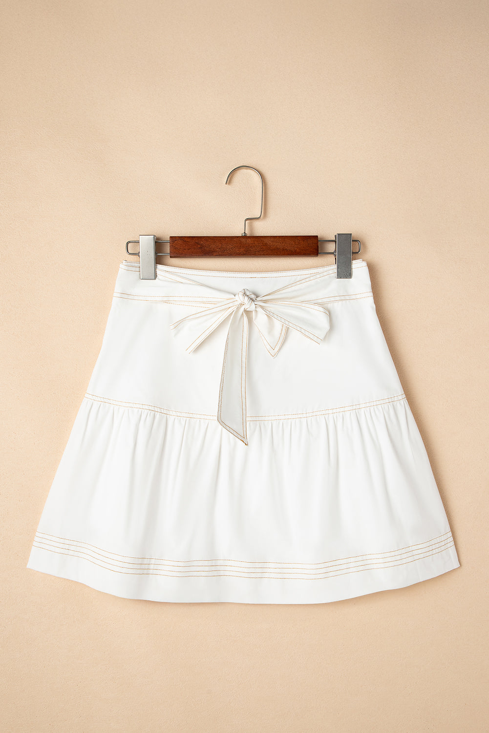 White Contrast Stitching Trim Knotted High Waist A-Line Mini Skirt- Women