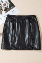 Black PU Leather Side Slits Slim Fit High Waist Mini Skirt- Women