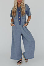 Beau Blue Half Placket Chest Pockets Short Sleeve Wide Leg Jumpsuit- Women