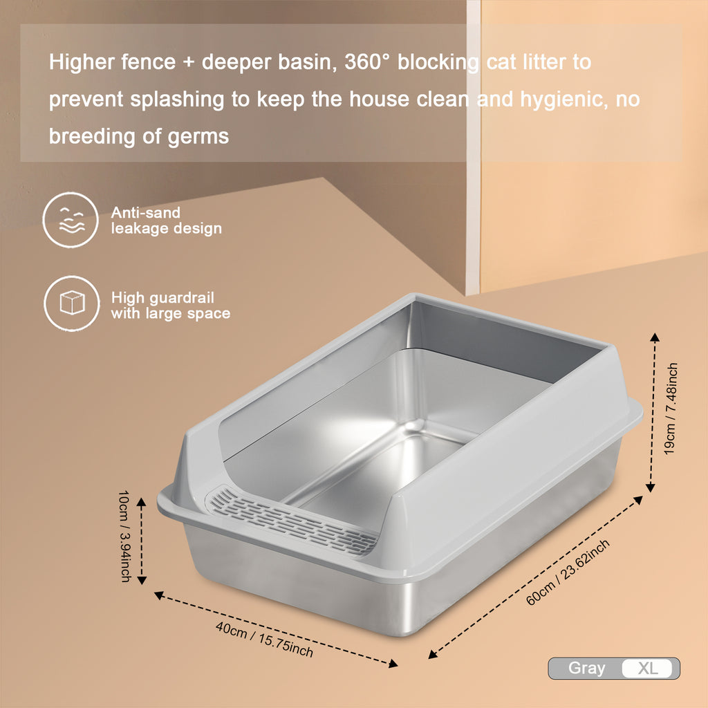 Oversized Stainless Steel Litter Box, Semi-enclosed Splash-proof And Leak-proof Design, Removable Lid, Suitable For Big Cats, And More L10 Grey