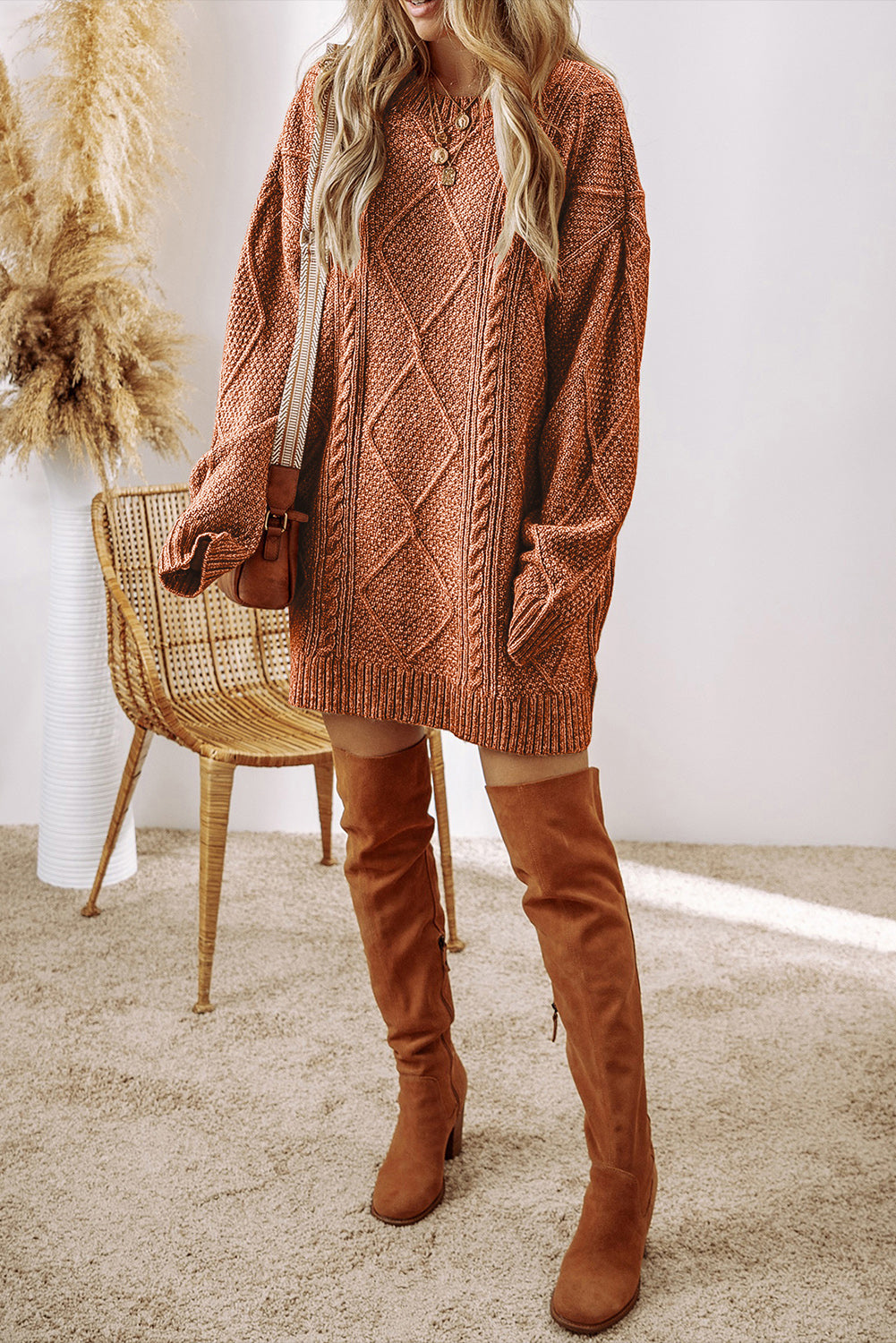 Coffee Cable Knit Drop Shoulder Loose Fit Sweater Dress- Women