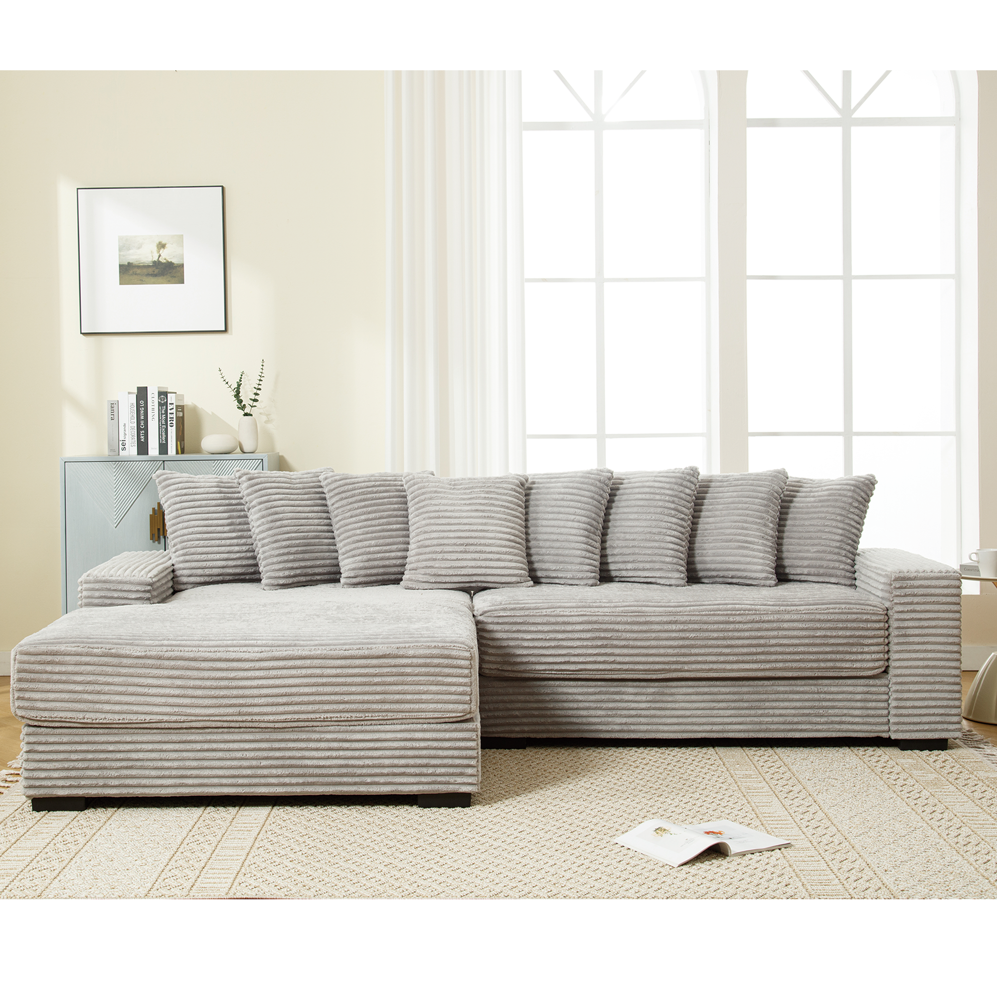 [NEW ARRIVED] [VIDEO PROVIDED] Oversized Two-Piece Couches, L Shaped Sofa, Corduroy, Left Chaise Daybed,with Armrests,Eight Throw Pillows,Corner Sofa,Easy To Assemble, Gray