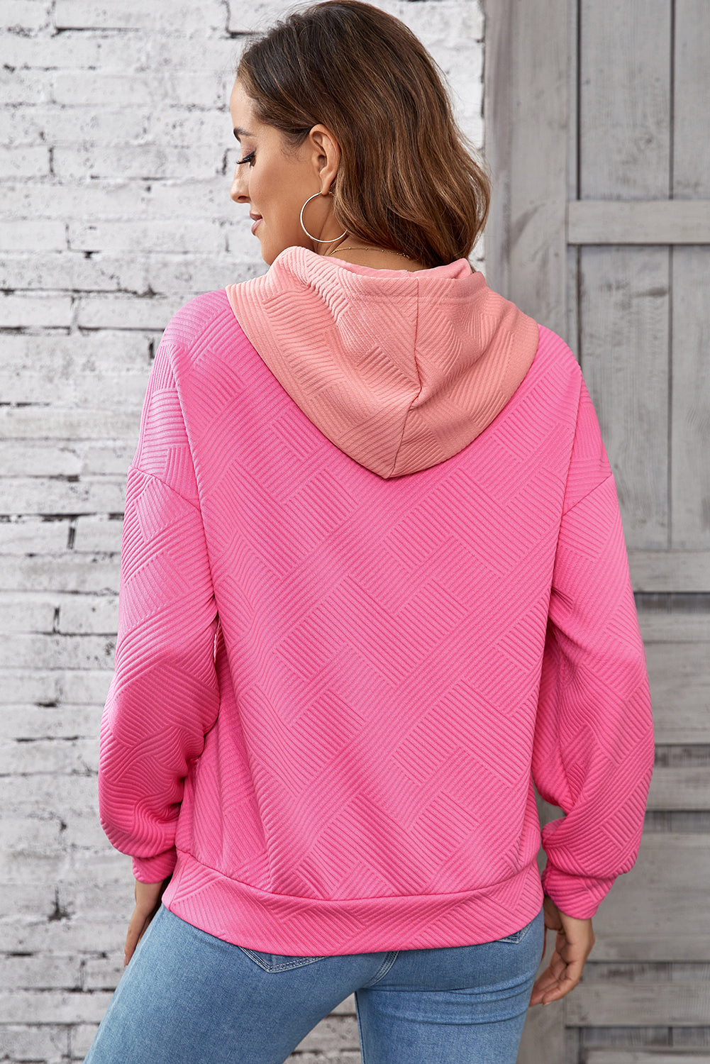 Pink Textured Color Block Kangaroo Pocket Drop Shoulder Hoodie- Women