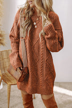 Coffee Cable Knit Drop Shoulder Loose Fit Sweater Dress- Women
