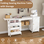57.5' Foldable Sewing Machine Table with Locking Casters, Multi-Storage Craft Station with Shelves, Bins & Cabinet, Adjustable Sewing Cabinet for Home, Bedroom, and Craft Room(White)