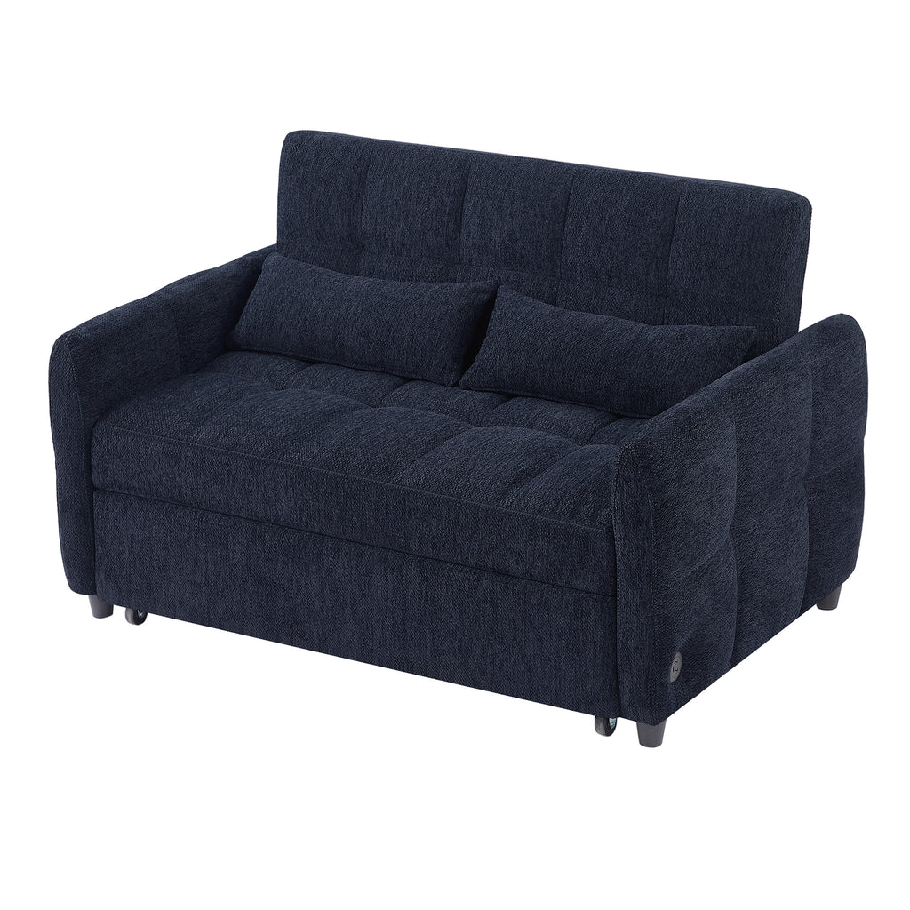 Modern Loveseat Sofa Pull-out Bed with Adjustable Backrest, USB Ports, Lumbar Pillows, Blue Chenille, 52.8' Default