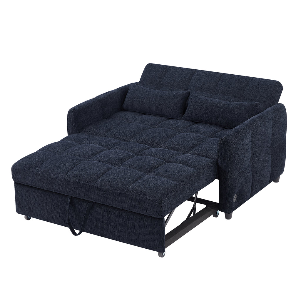 Modern Loveseat Sofa Pull-out Bed with Adjustable Backrest, USB Ports, Lumbar Pillows, Blue Chenille, 52.8'