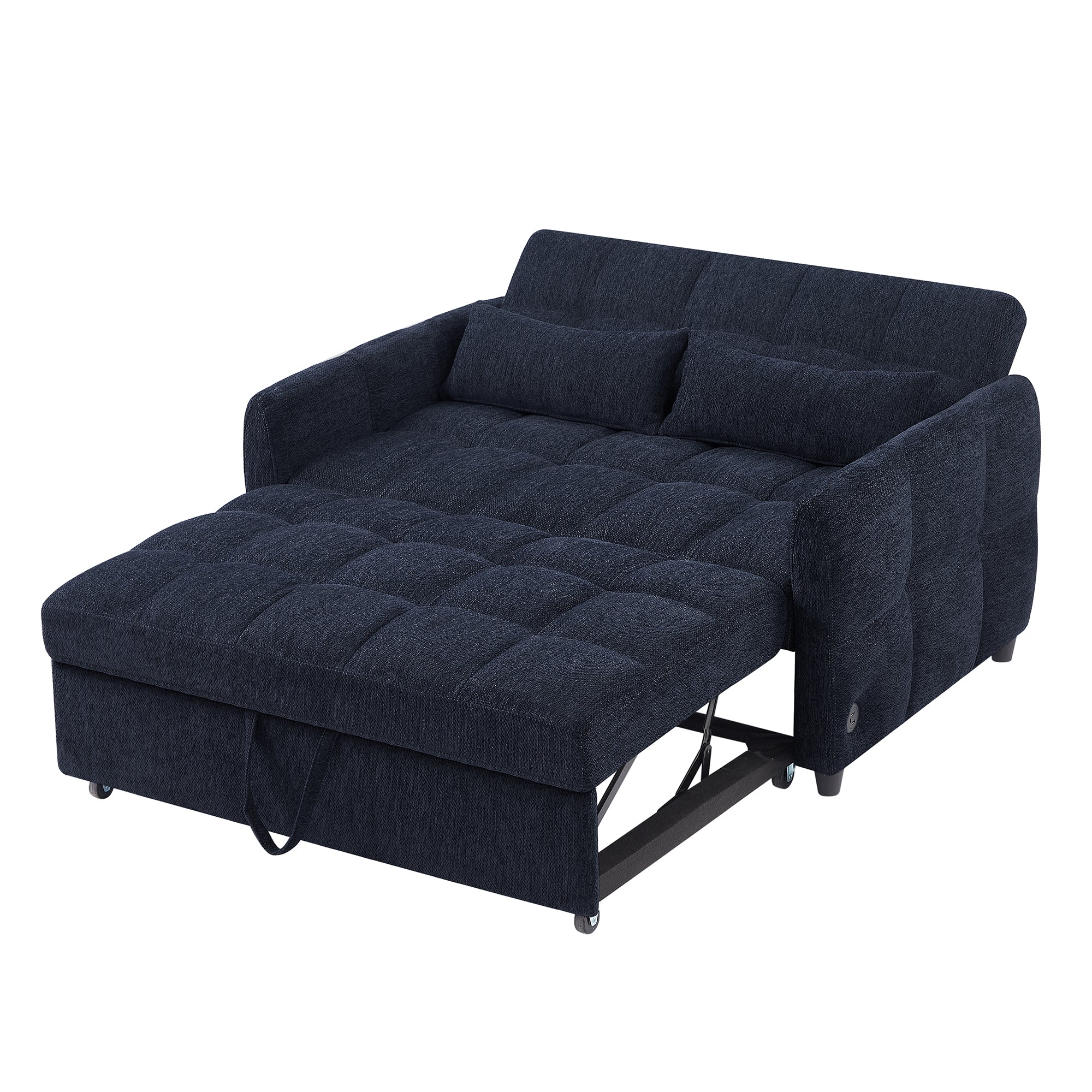 Modern Loveseat Sofa Pull-out Bed with Adjustable Backrest, USB Ports, Lumbar Pillows, Blue Chenille, 52.8'