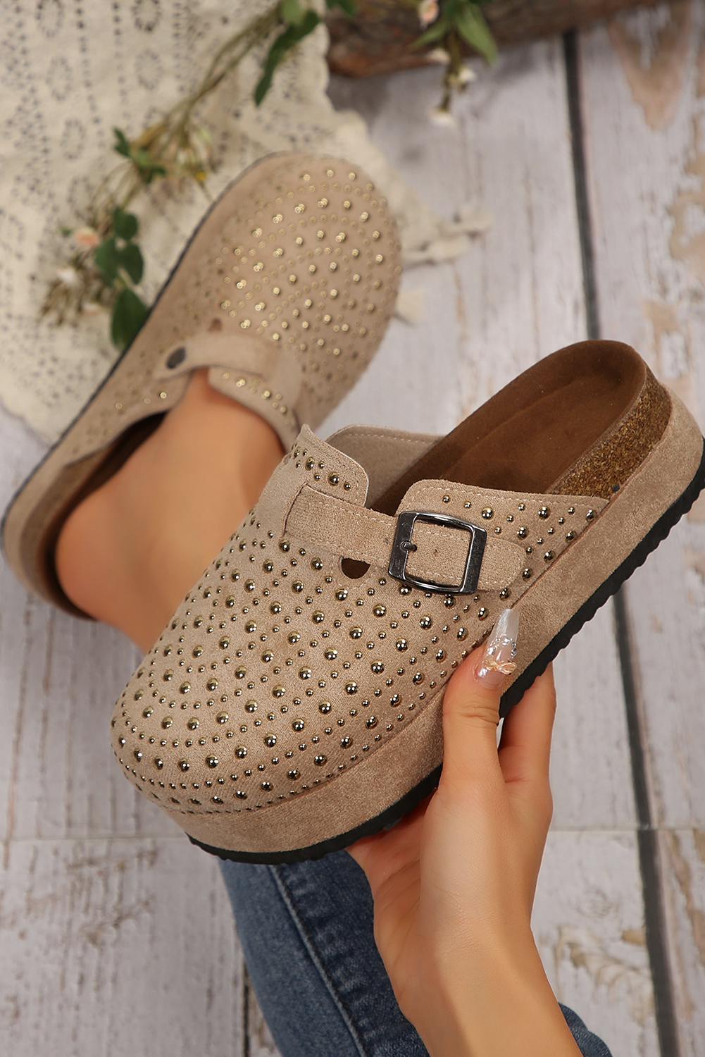 Parchment Rivet Buckle Closed Toe Platform Slippers- Women