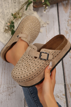 Parchment Rivet Buckle Closed Toe Platform Slippers- Women