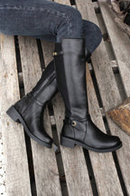 Black Side Zipper Knee High Chunky Low Heel Boots- Women Black