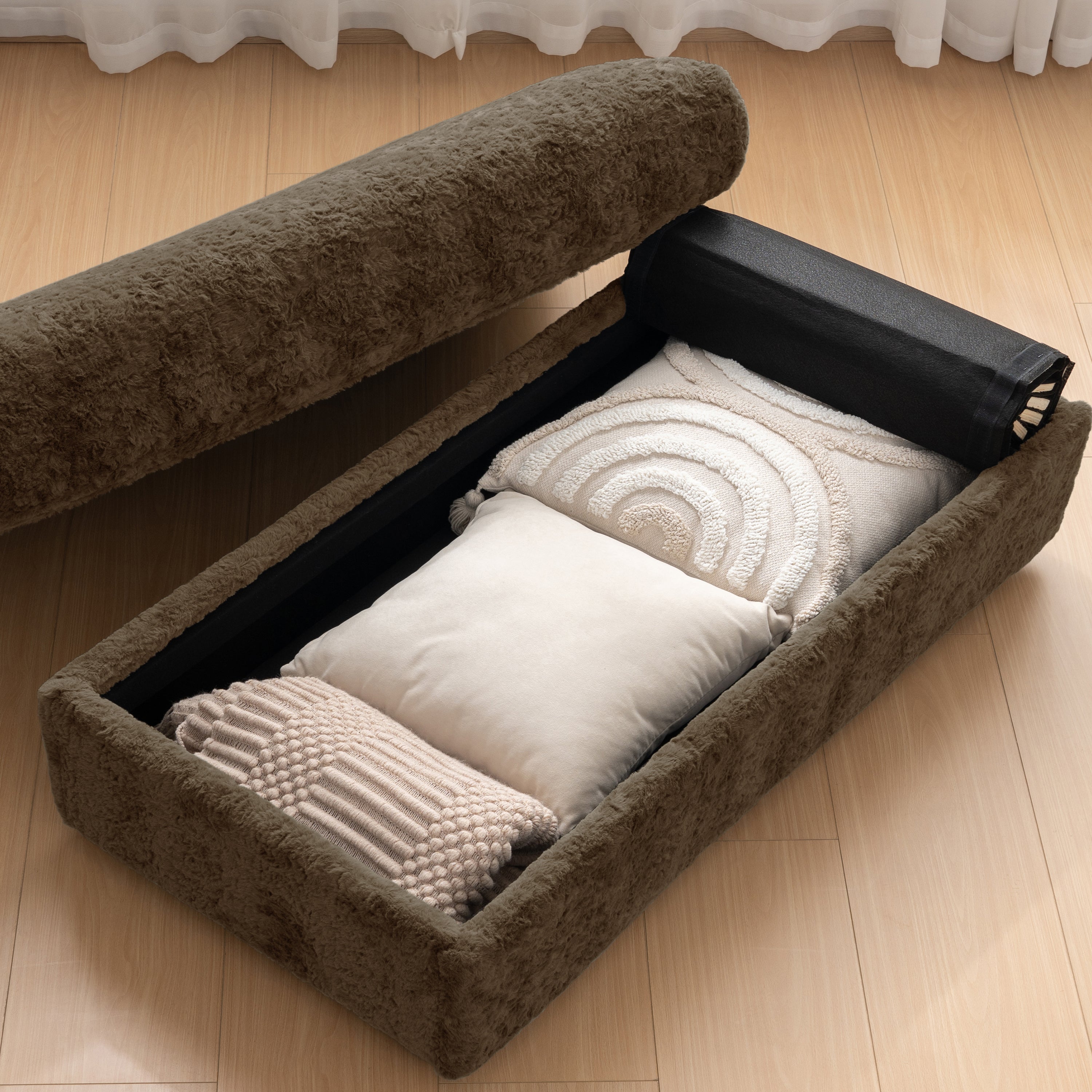 Oversized Chaise Lounge Indoor Faux Rabbit Fur Sofa Bed with Storage Ottoman and Armrests, Cup Holders, 42' Upholstered Sleeper Chair, 4 Colors