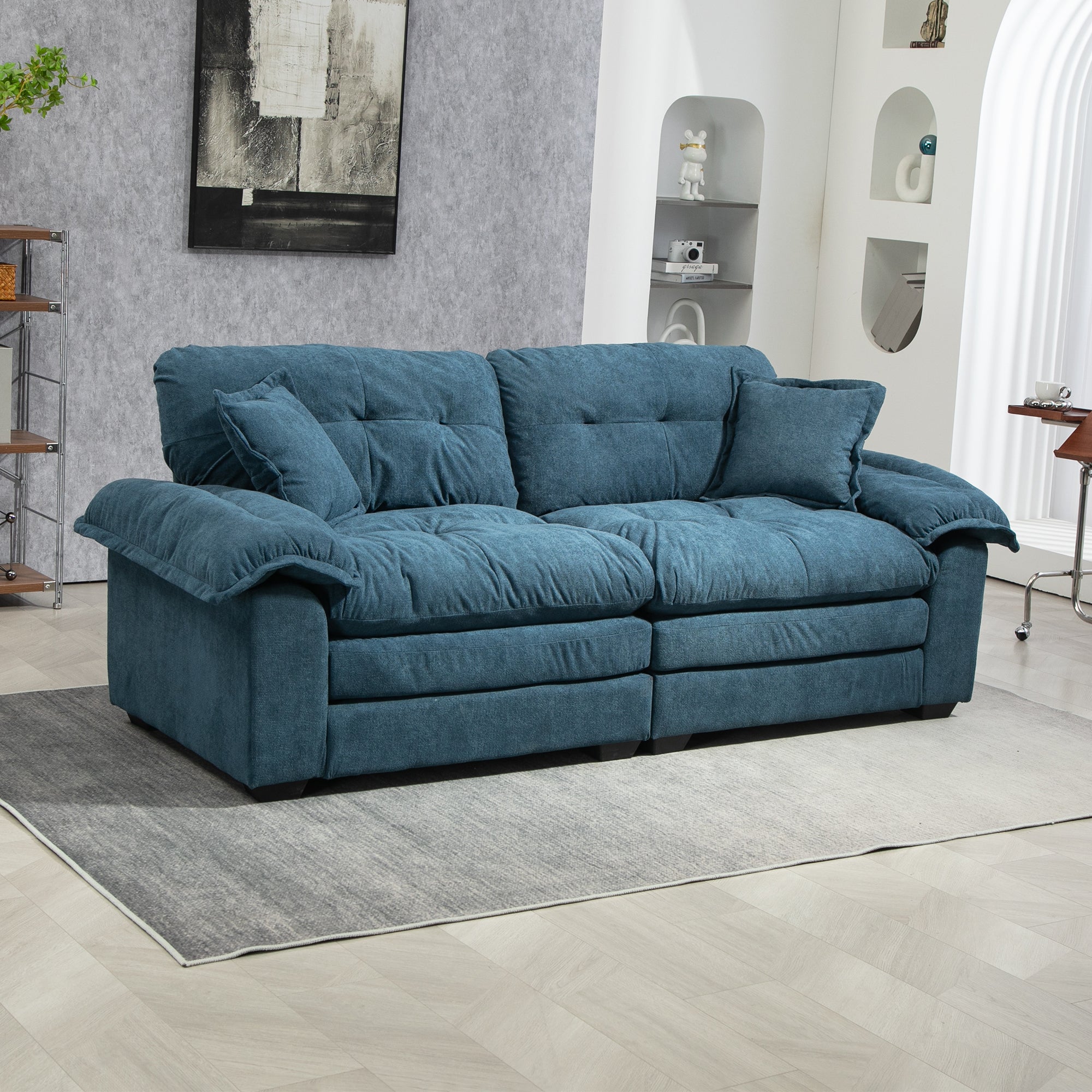 84' Chenille Sofa Small Sofa Loveseat Deep Seat Sofa Couch with 2 Throw Pillows & Memory Foam for Living Room Apartment Office Lounge-Blue Default