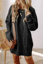 Black Cable Knit Drop Shoulder Loose Fit Sweater Dress- Women
