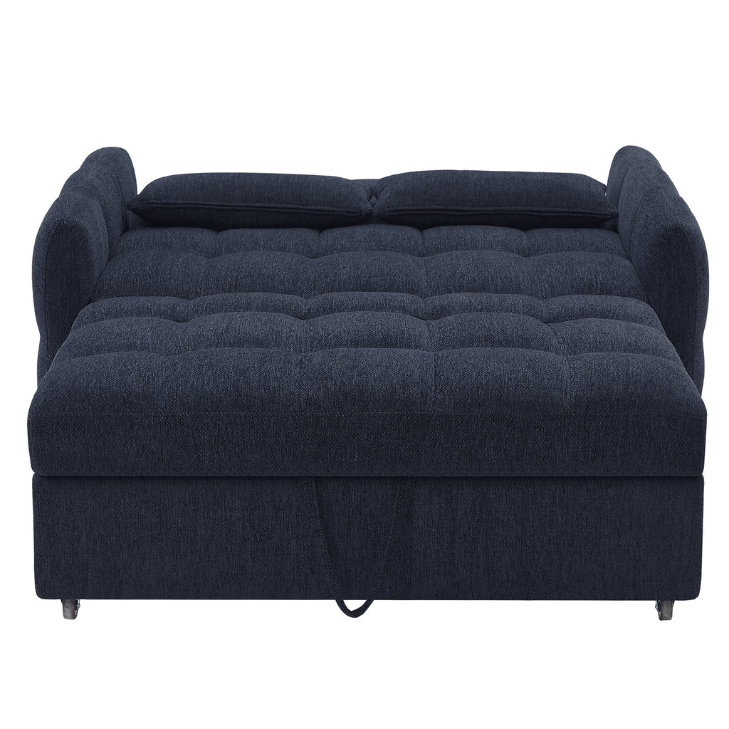Modern Loveseat Sofa Pull-out Bed with Adjustable Backrest, USB Ports, Lumbar Pillows, Blue Chenille, 52.8'