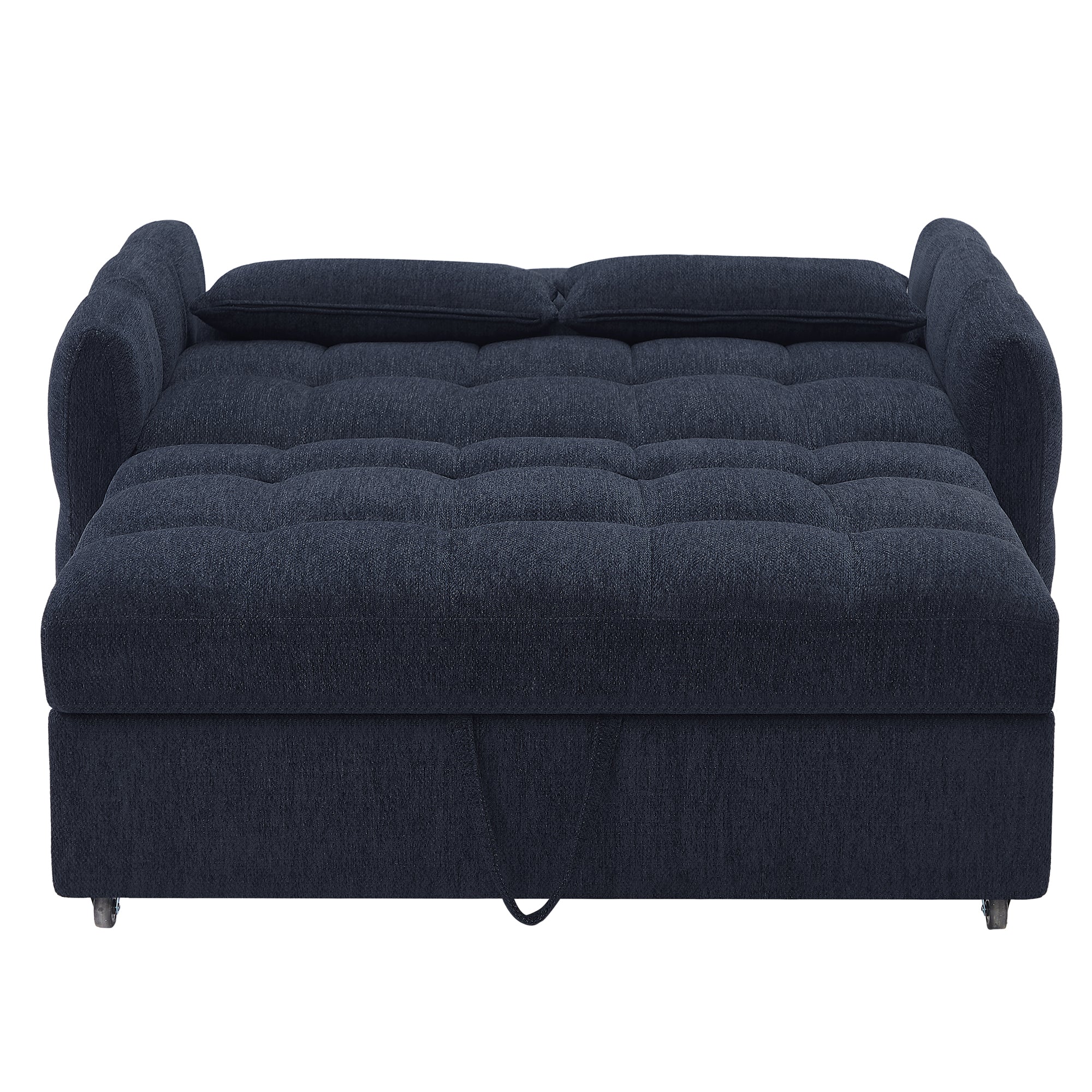Modern Loveseat Sofa Pull-out Bed with Adjustable Backrest, USB Ports, Lumbar Pillows, Blue Chenille, 52.8'