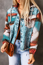 Multicolor Aztec Print Frayed Hem Denim Jacket- Women