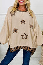 Beige Contrast Leopard Star Patchwork Detail Raw Seam Baggy Sweatshirt- Women Beige 65%Polyester+30%Cotton+5%Elastane