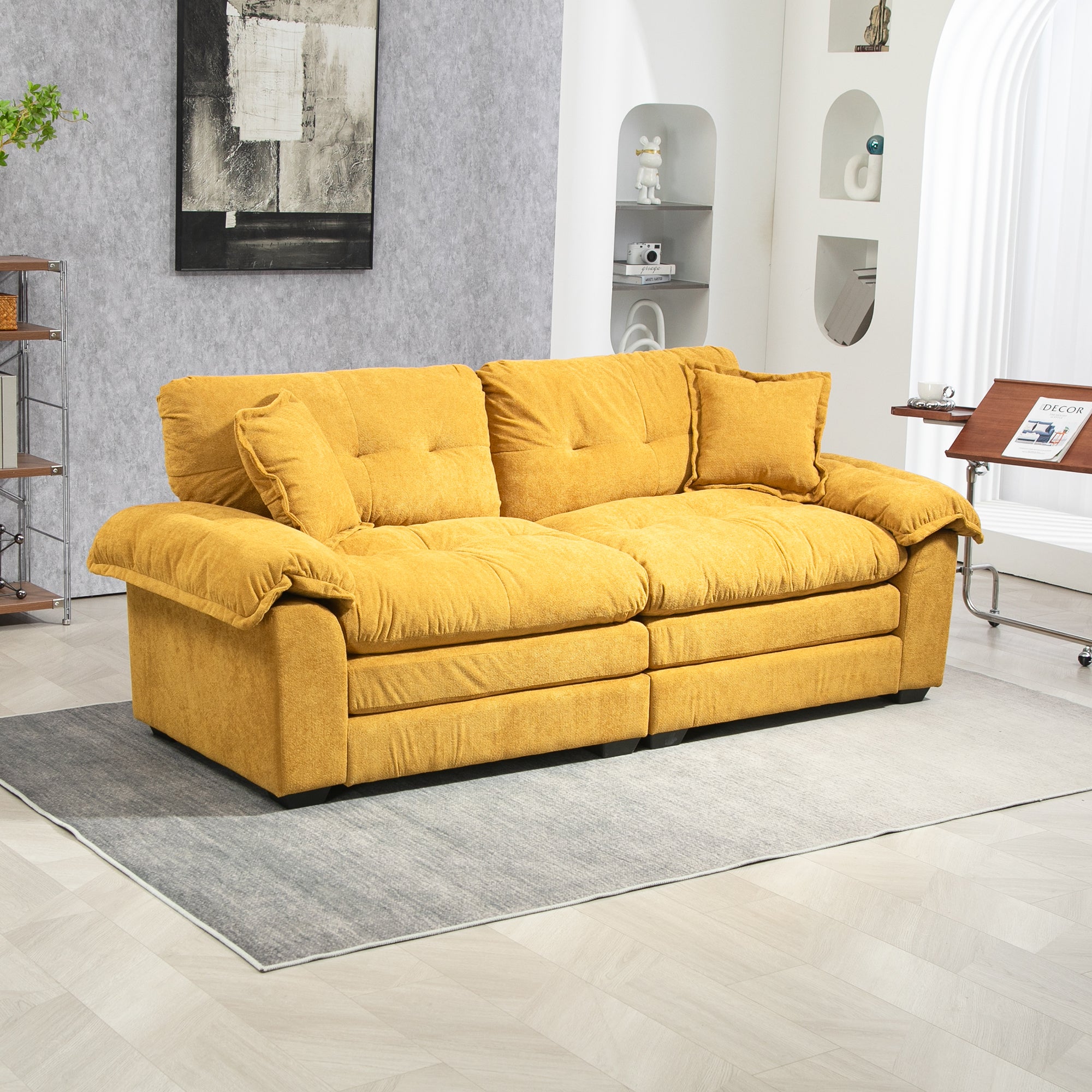 84' Chenille Sofa Small Sofa Loveseat Deep Seat Sofa Couch with 2 Throw Pillows & Memory Foam for Living Room Apartment Office Lounge-Yellow Default