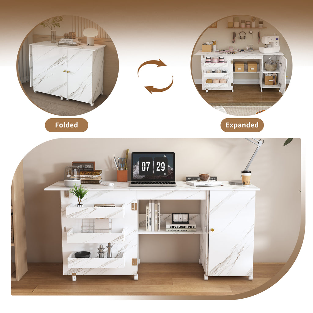 57.5' Foldable Sewing Machine Table with Locking Casters, Multi-Storage Craft Station with Shelves, Bins & Cabinet, Adjustable Sewing Cabinet for Home, Bedroom, and Craft Room(White)
