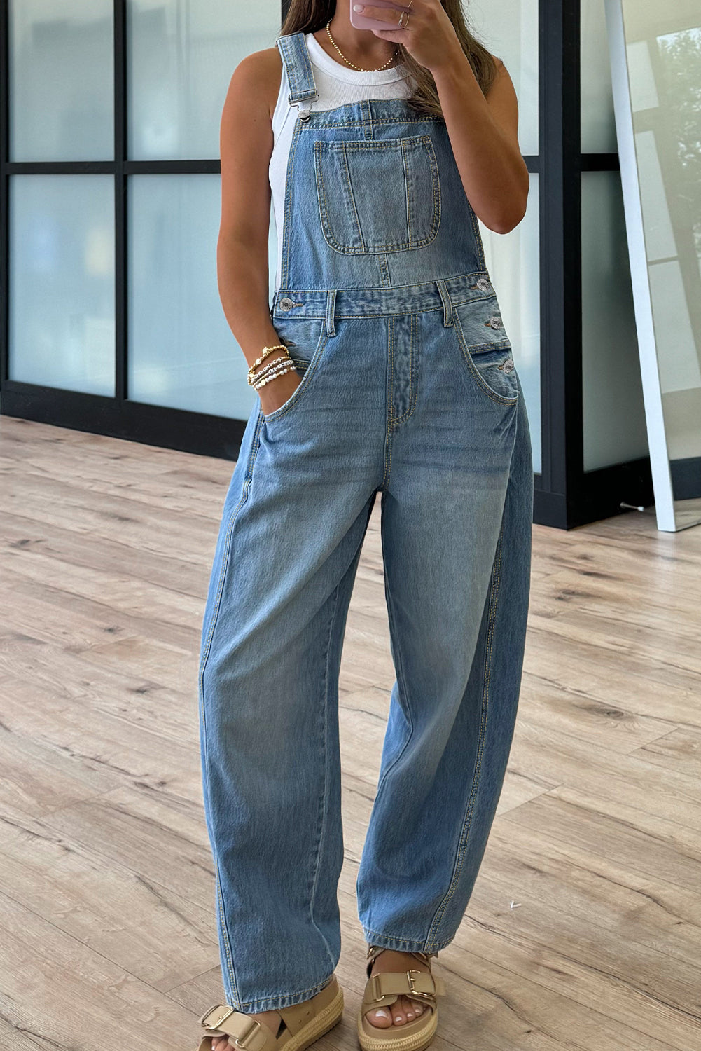 Dusk Blue Adjustable Buckle Barrel Denim Overalls- Women