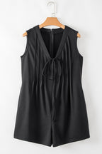 Black white Tie V Neck Pintuck Sleeveless Loose Romper- Women